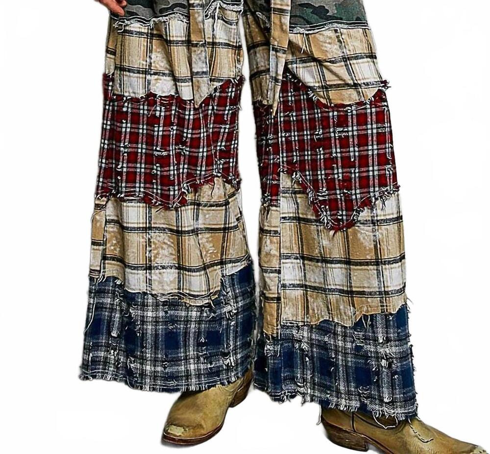 NEW POL asymmetrical patchwork buckle back detail woven pants in camo multi